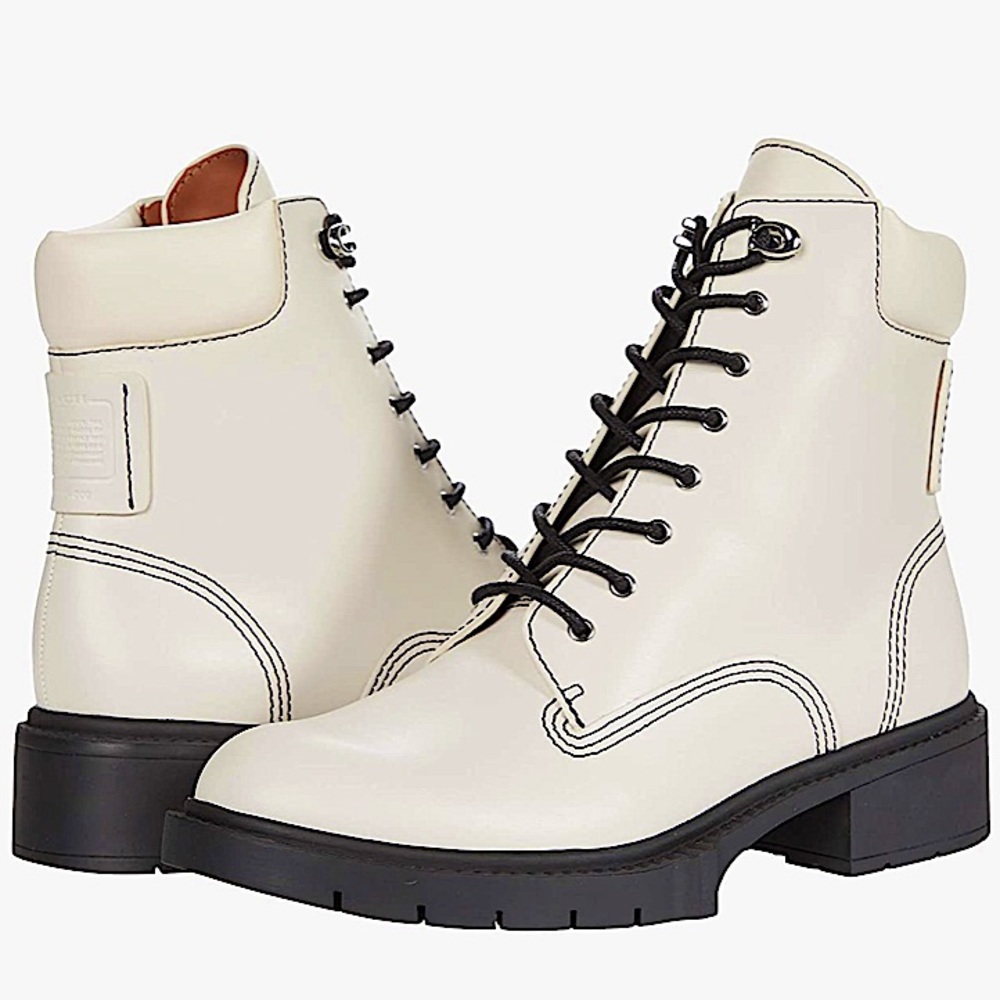 Coach Leather Lace-Up Combat Boot Lorimer in Chalk White Size 7.5 38